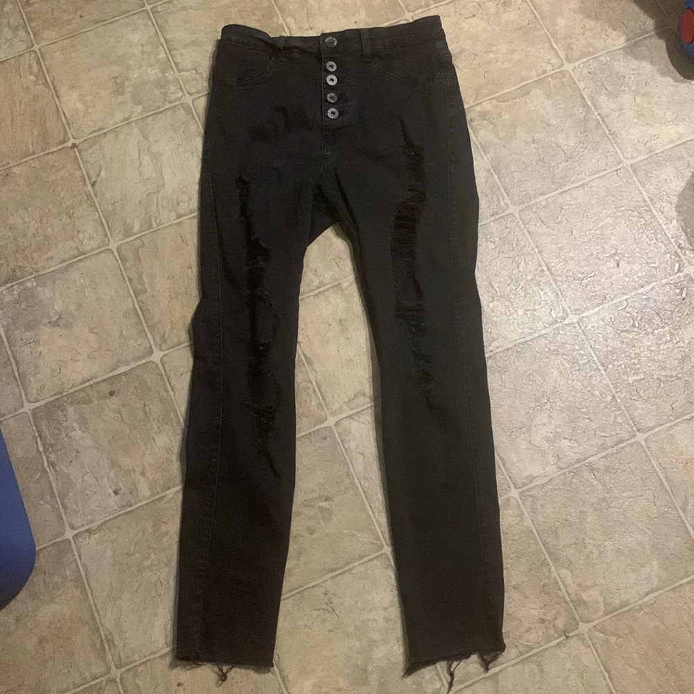 Black Distressed Mid Rise Skinny Jeans